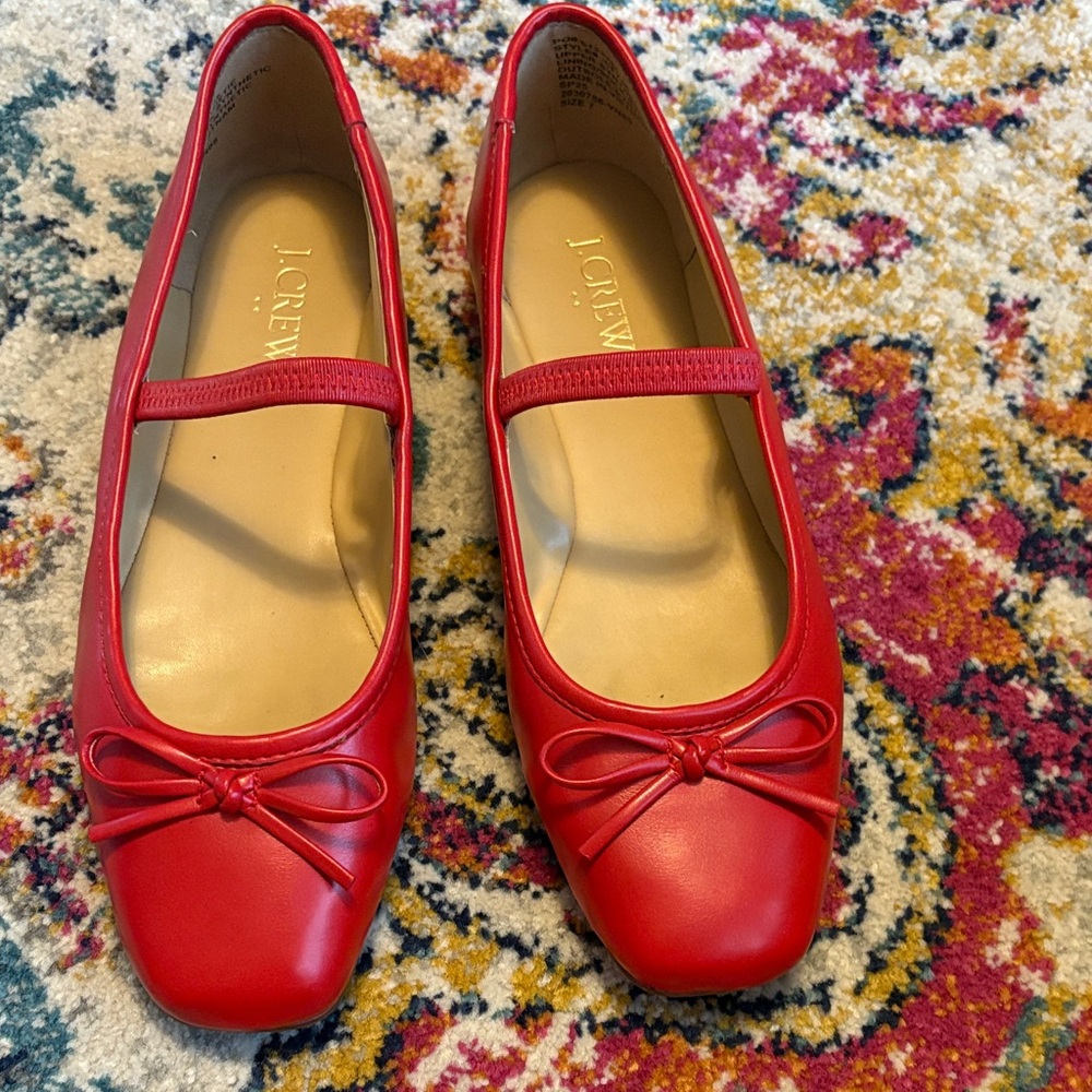 J. Crew Red Mary Jane Flats with Bow Accent